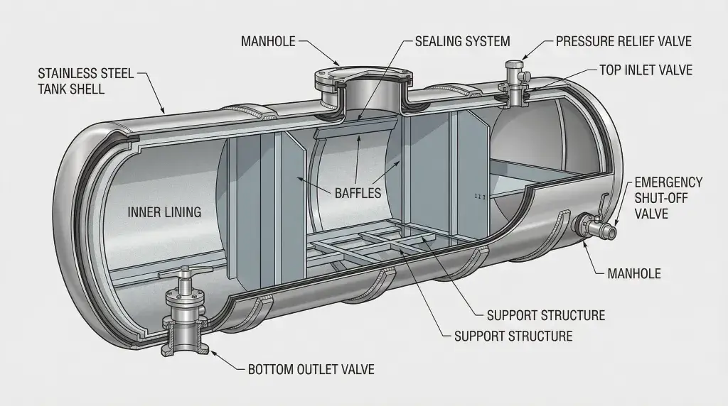 Corrosion-resistant tank trailer structure for hazardous waste liquids