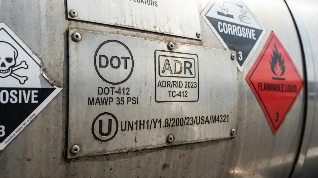 DOT ADR UN certification plate on hazardous waste tank trailer
