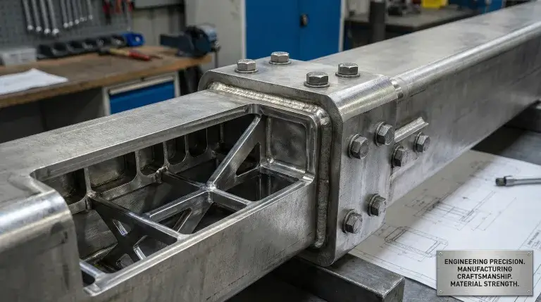 Detail of multi-stage telescopic beam for wind turbine semi-trailer.