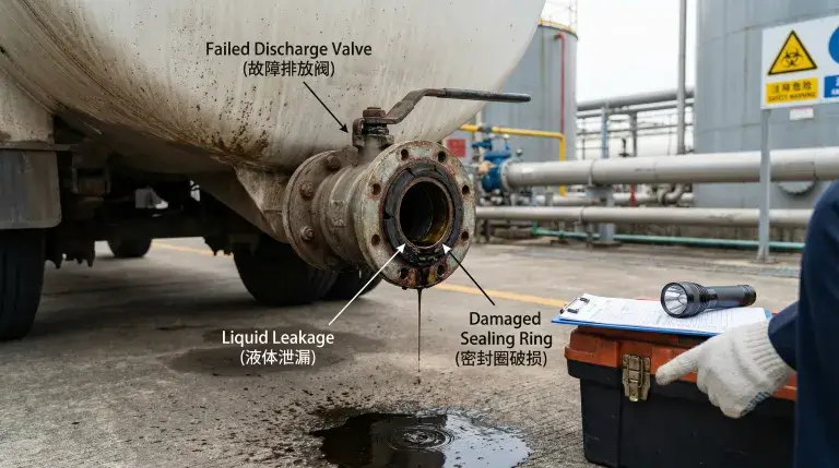 Failed discharge valve on hazardous waste tank trailer
