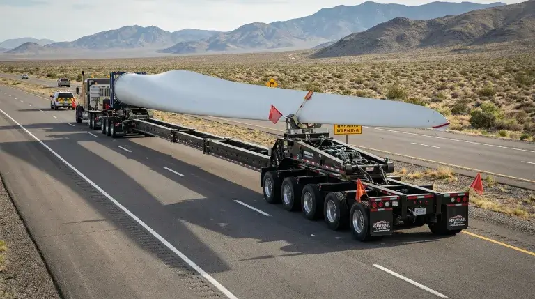 Full view of an extendable wind blade trailer carrying an 80-meter turbine blade on a highway.