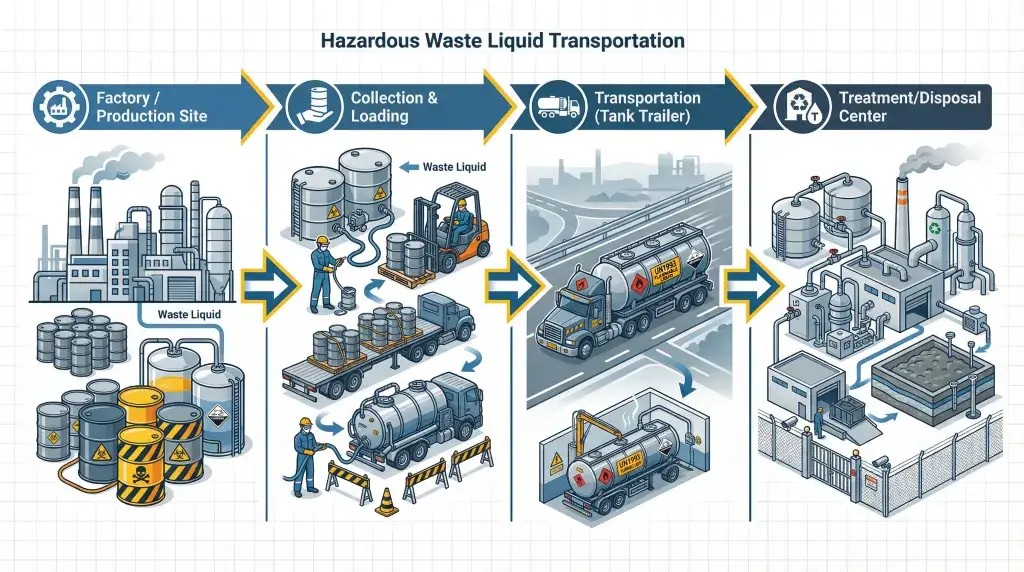 Hazardous industrial waste liquid transport using certified tank trailers