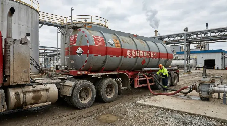 Hazardous waste tank trailer operating in industrial environment
