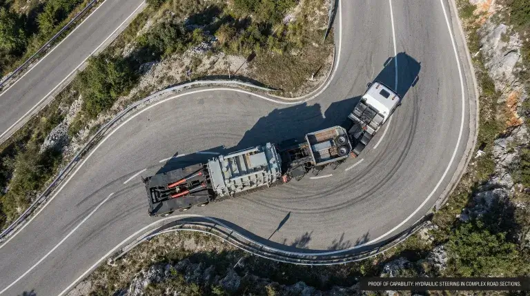 Hydraulic steering axles on wind blade trailer navigating a narrow curve.