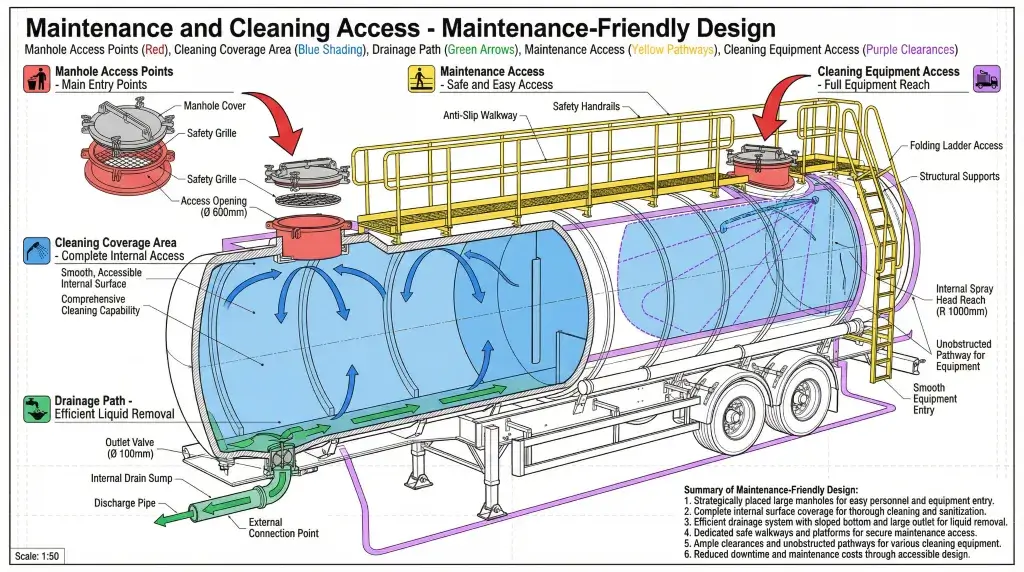 Manway and inspection access for hazardous waste tank trailer cleaning
