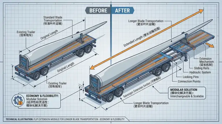 Modular Flip Extension on a wind blade extendable trailer