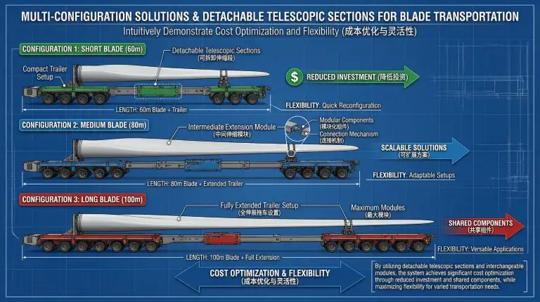 Modular extendable wind blade trailer configuration for cost optimization