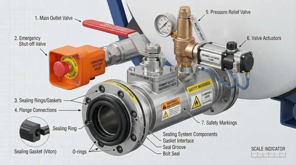 Multi-layer sealing and discharge valve system for hazardous waste tank trailer