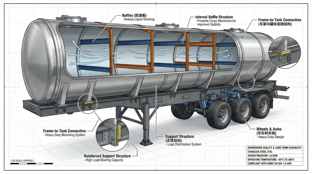 Reinforced tank structure with internal baffles for hazardous waste transport
