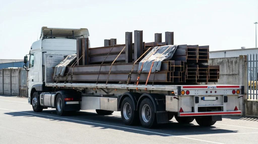 flatbed trailers transporting steel beams